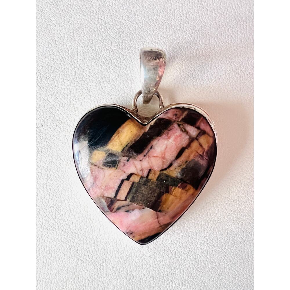 Sterling Silver Argentine Rhodozite Stone Heart Pendant Pink Black Gray Boho